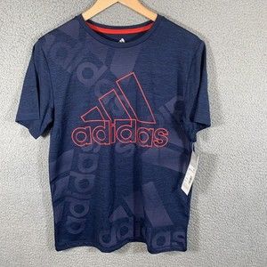 S Adidas Shirt Boys Large Blue Logo Short‎ Sleeve Crew Neck Tee NWT